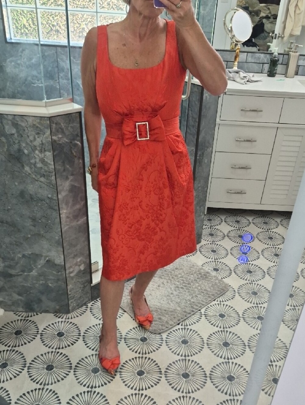 Teri Jon By RIckie Freeman - Sleeveless Orange Jacquard Belted Midi Dress
